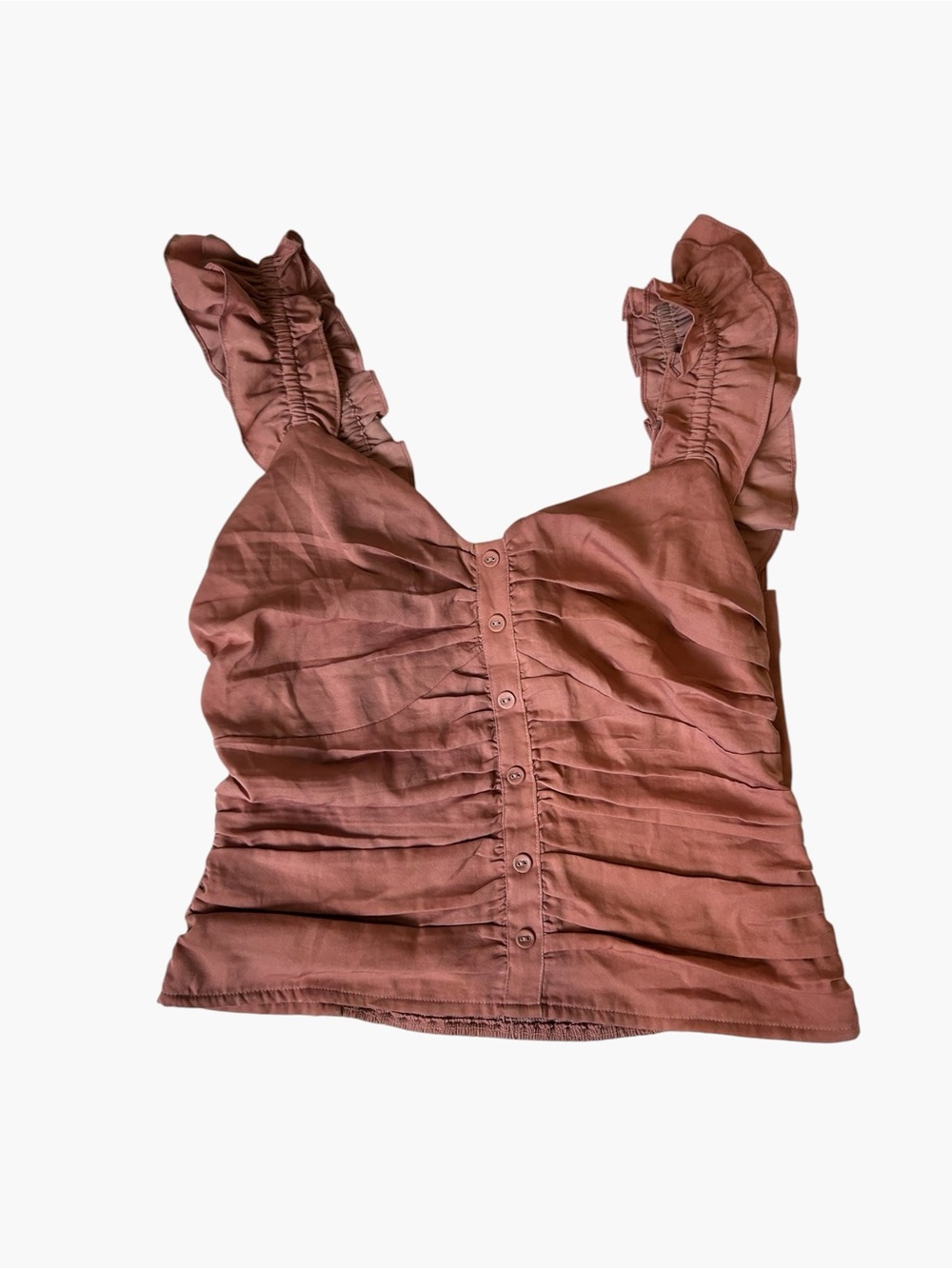 Flaw ASTR the Label Ruched Ruffle Shoulder Tank Dusty Rose Mauve Button Front